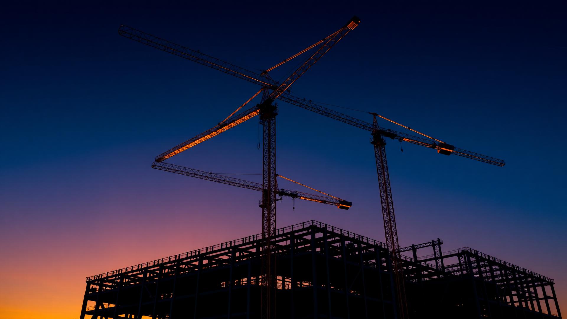 Construction site at golden hour with cranes